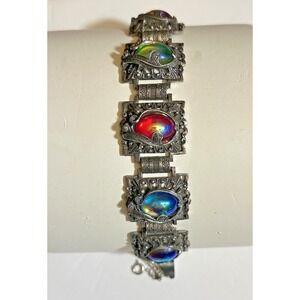 Vtg Judy Lee Dragon‎ Eye Rainbow Victorian Revival Panel Bracelet Book Chain 7"